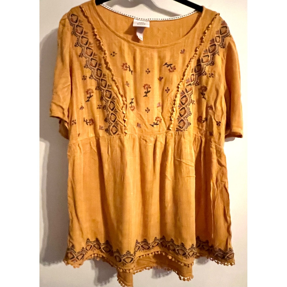 Knox Rose L Mustard Embroidered Boho Babydoll Tunic Top Peasant Folk Blouse
